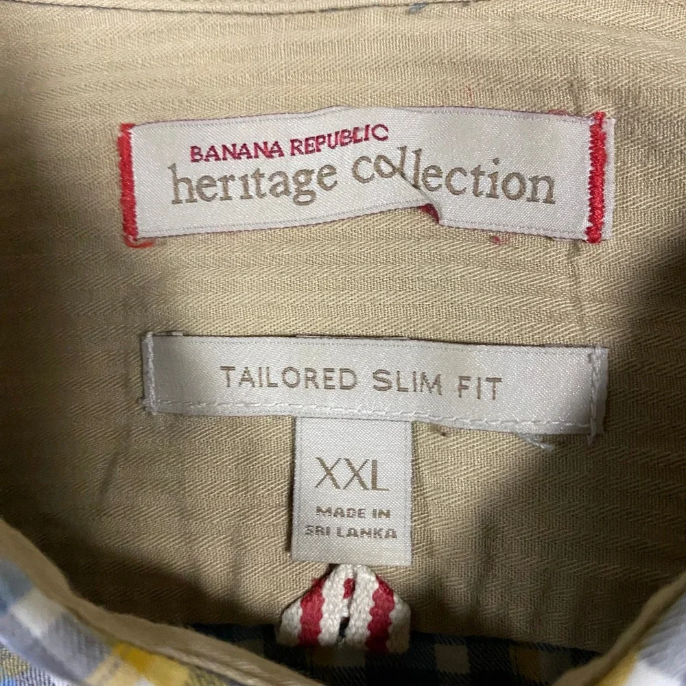 Banana Republic Button Down Mens XXL Blue Yellow Plaid Heritage Elbow Patches
